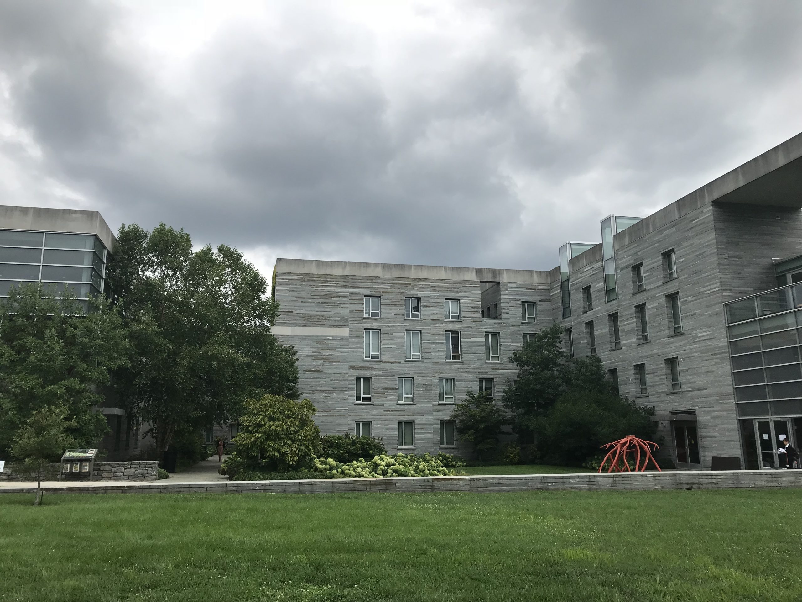 College Admissions Consultant, college campus, grey building with grass and cloudy sky